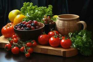 vegetales y frutas en plato en el mesa, generativo ai. foto