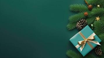 Top view of gift box and christmas decoration on green paper background, Generative AI. photo