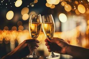 Friends celebrating and champagne glasses with gold bokeh blur background, Generative AI. photo
