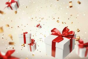 Pile of gift boxes with red ribbon, Christmas and New Year concept, Generative AI. photo
