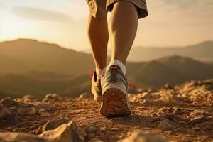 de cerca de hombre pies correr mediante rocoso terreno y montaña fondo, generativo ai. foto