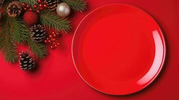 Top view of red dishware and Christmas decoration on background, Generative AI. photo