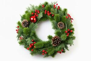 Top view of Christmas Wreath on white background, Generative AI. photo