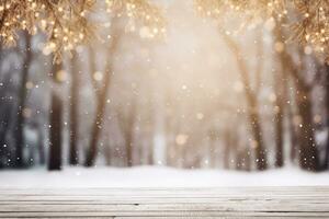 Empty brown wooden table and snow blur background, Christmas and New year concept, Generative AI. photo