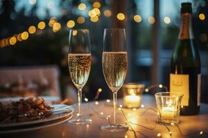 Friends celebrating and champagne glasses with gold bokeh blur background, Generative AI. photo