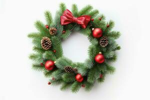 Top view of Christmas Wreath on white background, Generative AI. photo