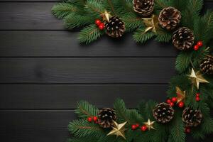 Top view of christmas decoration on wood background, Generative AI. photo