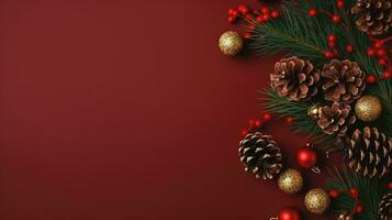 Top view of Christmas decoration on red paper background, Generative AI. photo