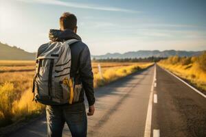 hombre con bolso y caminar a el camino, viaje concepto, generativo ai. foto