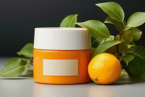 Mock-up of cosmetic tube product, natural ingredients from orange fruit, Generative AI. photo