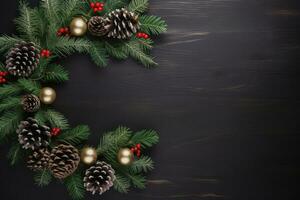 Top view of christmas decoration on wood background, Generative AI. photo