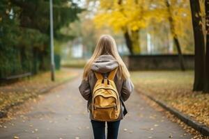 hembra estudiante que lleva un bolso con participación un libro y caminando a escuela, generativo ai. foto