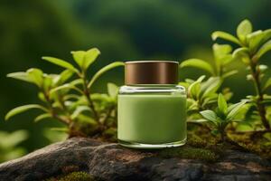 Mockup of cosmetic bottle product, natural ingredients, Generative AI. photo