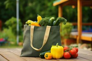 Vegetables and fruits in green cloth bag on the table, Generative AI. photo