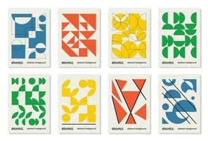 Set of 8 minimal vintage 20s geometric design posters, wall art, template, layout with primitive shapes elements. Bauhaus retro pattern background, vector abstract circle, triangle and square line art