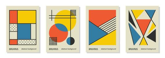 conjunto de 4 afiches de diseño geométrico mínimo de los años 20, arte mural, plantilla, diseño con elementos de formas primitivas. fondo de patrón retro bauhaus, círculo abstracto vectorial, triángulo y arte de línea cuadrada vector