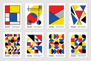 Set of 8 minimal vintage 20s geometric design posters, wall art, template, layout with primitive shapes elements. Bauhaus retro pattern background, vector abstract circle, triangle and square line art