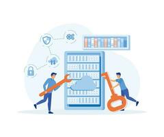 Server Security Concept, Showing the server is being maintained by a network administrator, flat vector modern illustration
