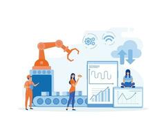 inteligente fábrica y trabajando persona utilizando inalámbrico tecnología a control, flujo de trabajo con inteligente dispositivo. infografía de industria 4.0, plano vector moderno ilustración