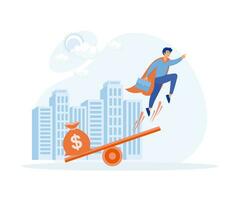 Business startup concept. businessman flying up and a bag full of money on a scale, with a building background, flat vector modern illustration