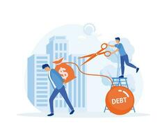 Businessman helped young man get out of debt, Man cuts chain with load with large scissors. monetary obligations. flat vector modern illustration