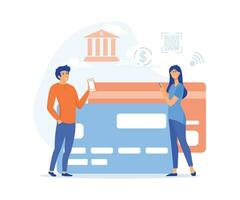 Mobile banking concept, people standing near credit cards and using mobile smart phone for online banking and accounting, flat vector modern illustration