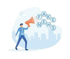 businessman holding megaphone talking or telling fake news. fake news concept. flat vector modern illustration