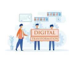 staffs showing the boss the future direction of the company with Digital Transformation on white board cards, flat vector modern illustration