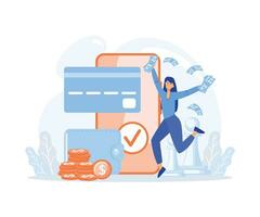 Cashback, financial savings, Characters paying online and receiving bonus money or reward back on credit card. flat vector modern illustration