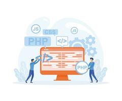 pequeño personas programadores codificación y correcto errores en proyecto. ordenador portátil pantalla con programa código. plano vector moderno ilustración