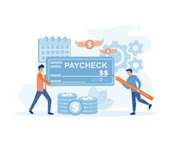 Characters with Pay Check, man Carry Huge Paycheck, Man with Ink Pen for Signing, People Get Cash Salary Payment with Company Bank Cheque, Payroll. flat vector modern illustration