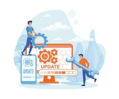 update software mini people work with upgrade system. flat vector modern illustration