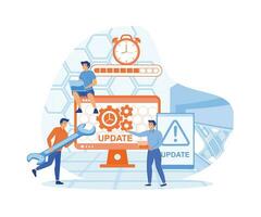 IT specialists updating software, programs and applications.flat vector modern illustration