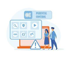 Parental control software. Age restriction, limited game time, geolocation tracking. Blocked, prohibited or inappropriate content for kids. flat vector modern illustration