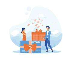 clientes regalo tarjeta, mujer dando caja de regalo a masculino personaje. plano vector moderno ilustración