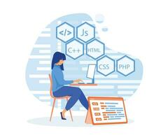 project engineer, programming software, application, developer, HTML, PHP, JS, CSS, Java Script, languages. flat vector modern illustration