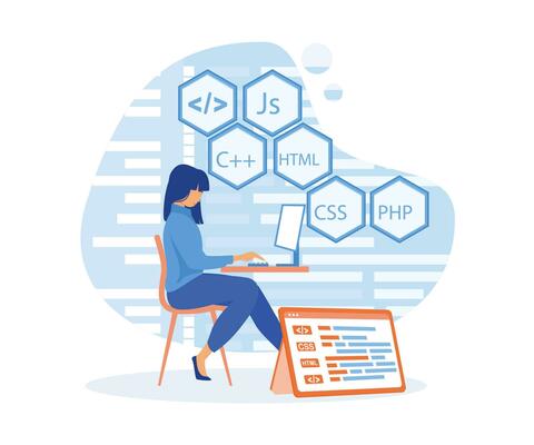 project engineer, programming software, application, developer, HTML, PHP, JS, CSS, Java Script, languages. flat vector modern illustration