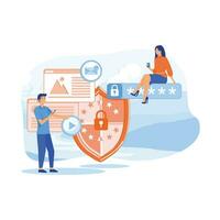 Data protection concept.Safety and confidential data protection, concept with characters. Internet security. Social Media. flat vector modern illustration