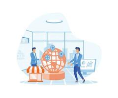 businessman offering Franchise, trading network shop to the world map business concept. flat vector modern illustration