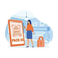 Face recognition and data safety. mobile phone users getting access to data after biometrical checking. flat vector modern illustration