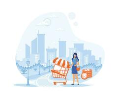 mujer de negocios en pie y comprando un franquicia. plano vector moderno ilustración