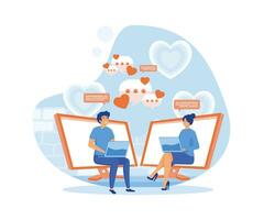 Man and woman sitting at laptops, using dating website and chatting. flat vector modern illustration