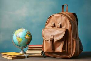 Concept education, books stacked with world map on the table, Generative AI. photo