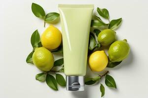 Mock-up of cosmetic tube product, natural ingredients from lime and lemon, Generative AI. photo