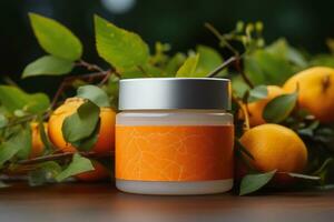 Mock-up of cosmetic tube product, natural ingredients from orange fruit, Generative AI. photo