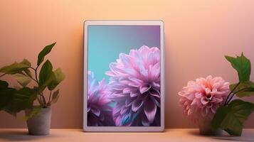 Tablet with flower wallpaper surrounded by two potted plants. AI Generative photo