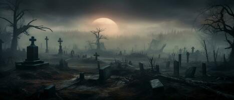 Graveyard cemetery in spooky scary dark Night full moon and dead trees. Holiday event halloween banner background. AI Generative photo