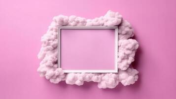 White frame with Copy Space mockup on pink with cotton balls like a cloud. AI Generative photo