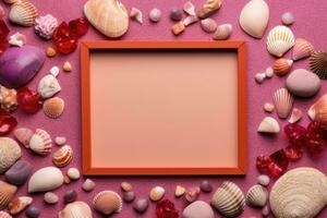 A wooden frame with Copy Space mockup on pink with seashells and stones in a playful summery mood. AI Generative photo