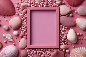 Pink frame with Copy Space mockup on pink with various seashells in different shades. AI Generative photo